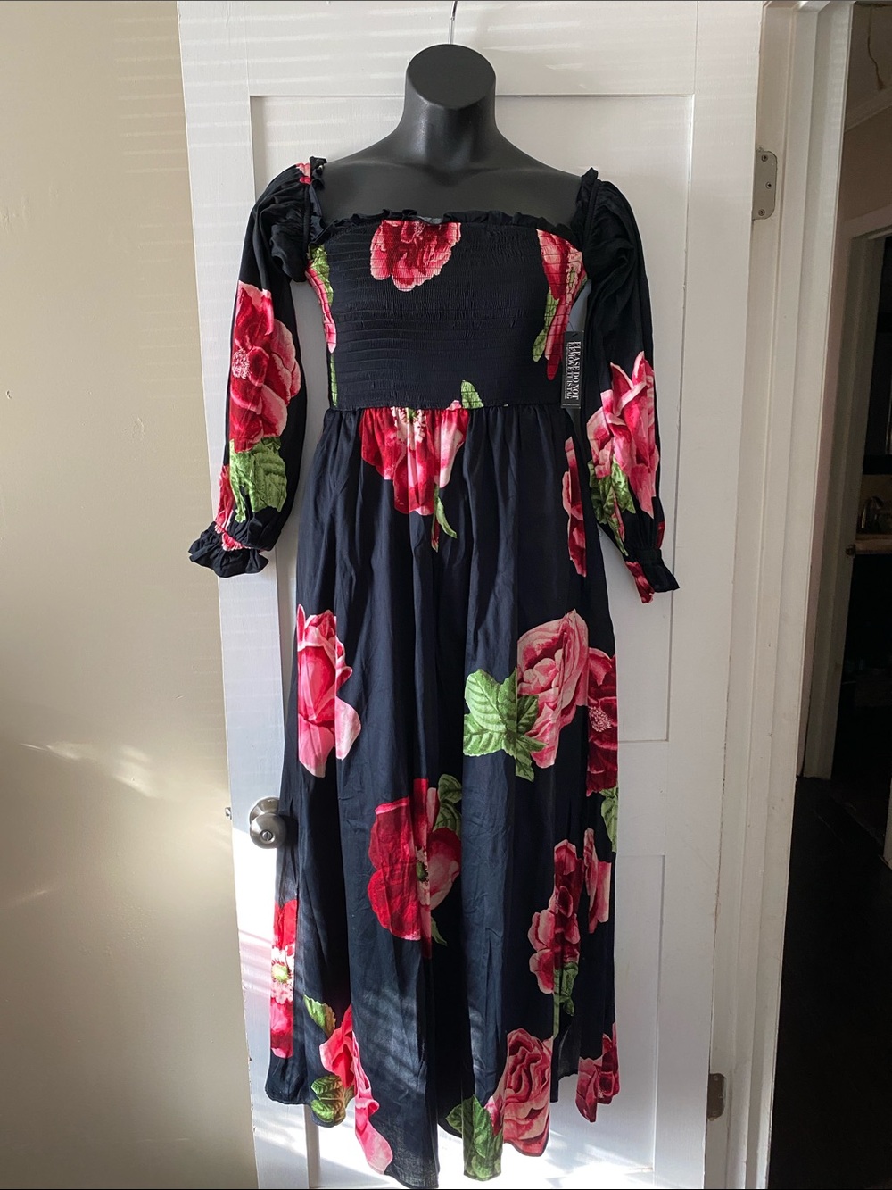 New York & Company Black Floral Smocked Maxi Dress with Puff Sleeves
